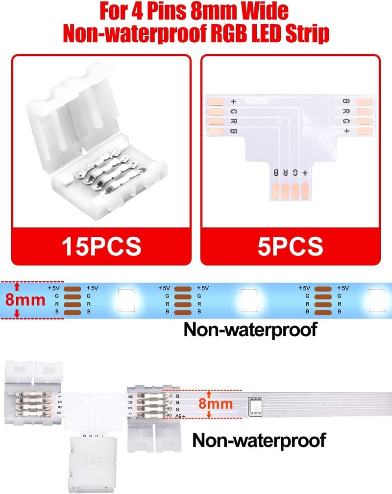 Ledagic T Shape LED Strip Connectors 5-Pcs with 15Pcs Clips, Unwired Solderless LED Light Connectors for 8mm Wide 4-Pin Strip Lights - Image 2